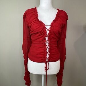 Moda VTG Ruched Lace Up Top Womens L Red VS Sexy Whimsigoth Vamp Valentines